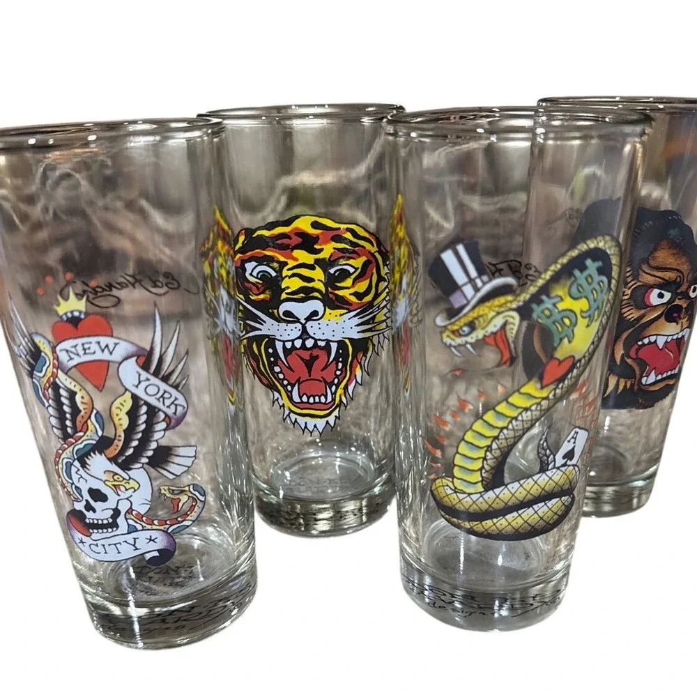 Ed Hardy Set of‎ 4 Tall Tumbler Glasses Tiger Snake Gorilla Eagle Tattoo Art vtg